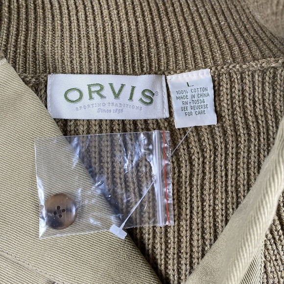 Orvis Sweater Mens Size L Tan Military Commando Shawl Collar Button Elbow Patch - Picture 7 of 13